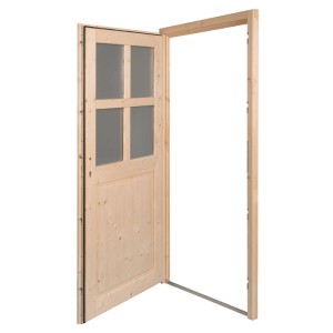 Geöffnete, naturbelassene Panto Holz-Nebeneingangstür mit Lichtausschnitt und Rahmen.