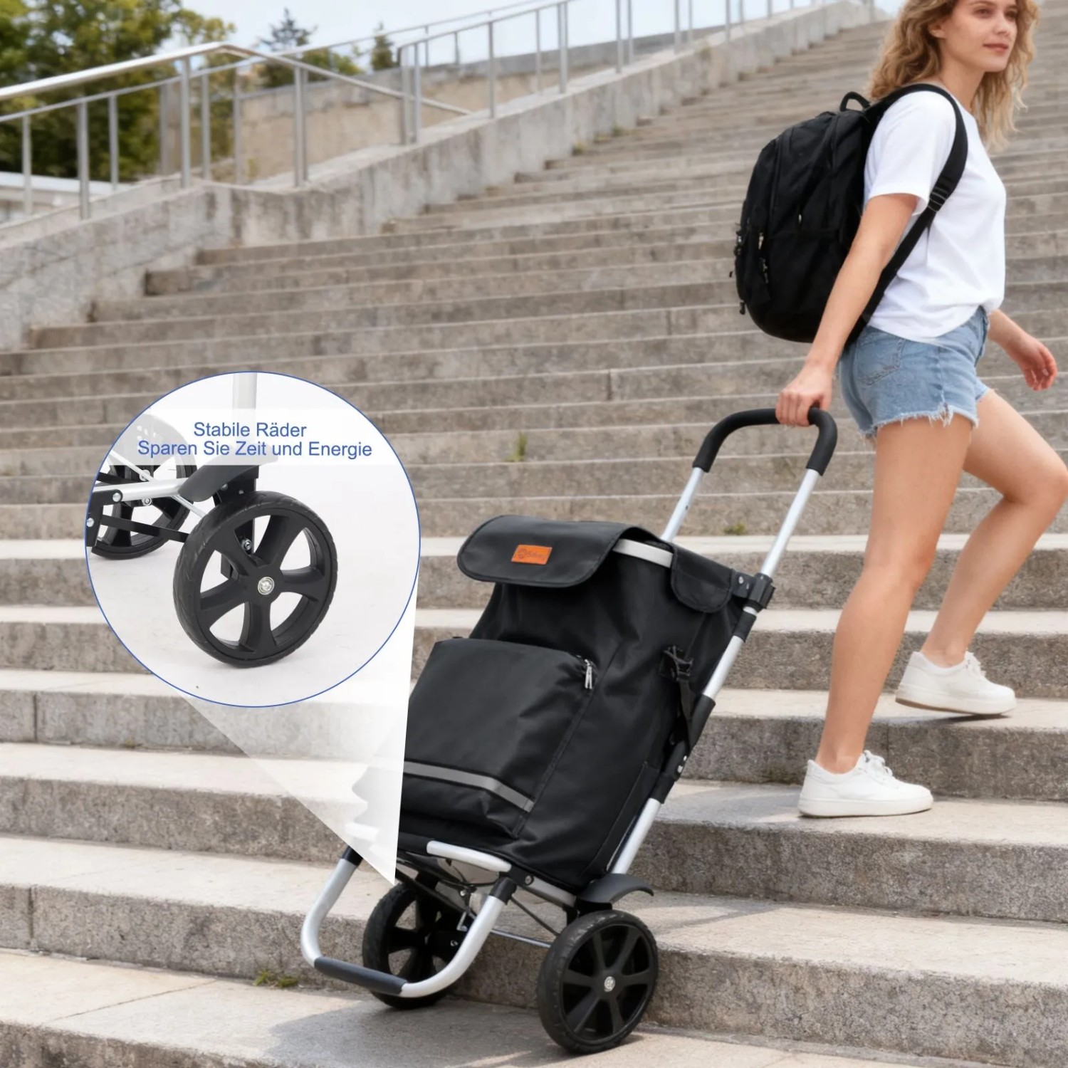 Sekey 3-in-1 Einkaufstrolley mit Kühlfach, schwarz, gezogen von einer Person auf einer Treppe.