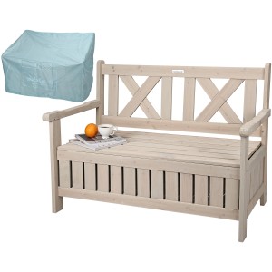 Gartenbank Chesty4 mit Truhe und Abdeckung, grau-beige lasiertes Tannenholz. Möbel für Garten, Balkon und Terrasse.