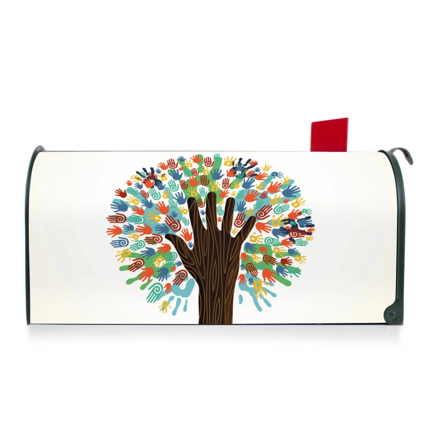 Grüner Banjado US Briefkasten mit Motiv 'We Are The World', Baum aus bunten Händen.