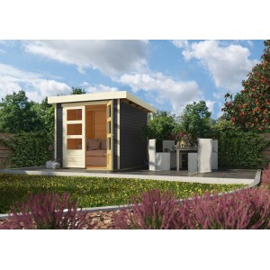 Terragraues Karibu Express Gartenhaus Speedy A mit geöffneter Doppeltür und Gartenmöbeln.