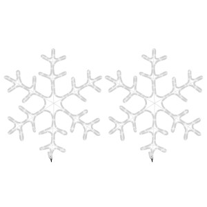 Zwei warmweiße LED-Schneeflocken, 59x59 cm, aus PVC und Stahl. Perfekte Weihnachtsdekoration für innen und außen.