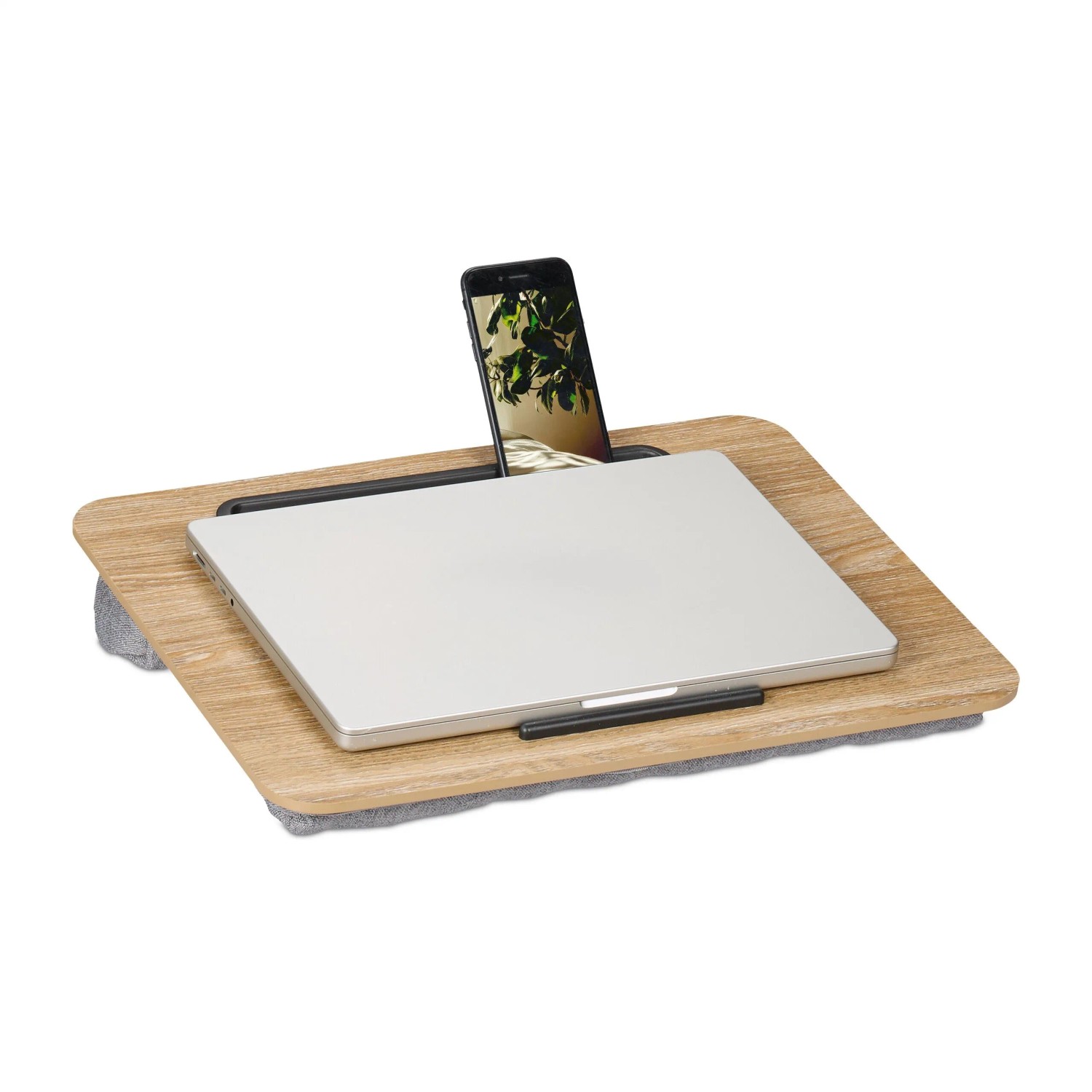 Relaxdays Laptopkissen MDF Leinen Schaumstoff Natur Grau Handyhalter Rutschfest 42 cm x 32 cm x 6 cm 0,7 kg