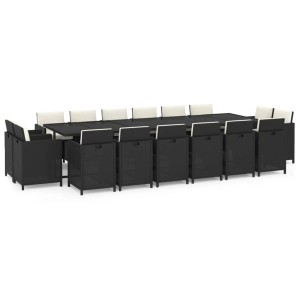 Schwarze 17-teilige Garten Essgruppe aus Poly Rattan mit Kissen.
