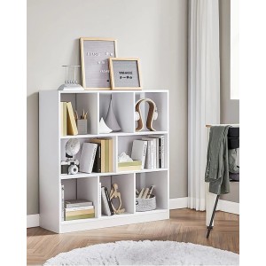 Weißes Songmics Bücherregal „Custos“ mit 8 Fächern und Deko.