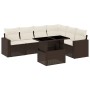 Braune 7-tlg. vidaXL Garten-Sofagarnitur aus Rattan mit Tisch und cremefarbenen Kissen.