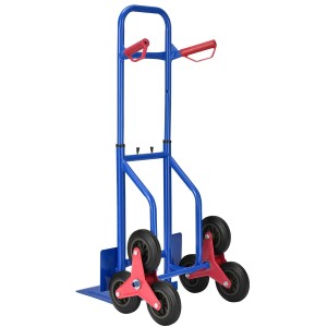 Blaue Juskys Treppensackkarre mit roten Griffen und Dreikranzrädern bis 100 kg.