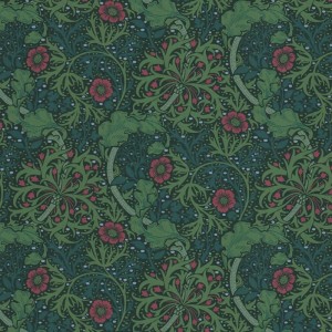 Grüne Floral Tapete mit Blumenmuster in Rot, Schwarz und Petrol.