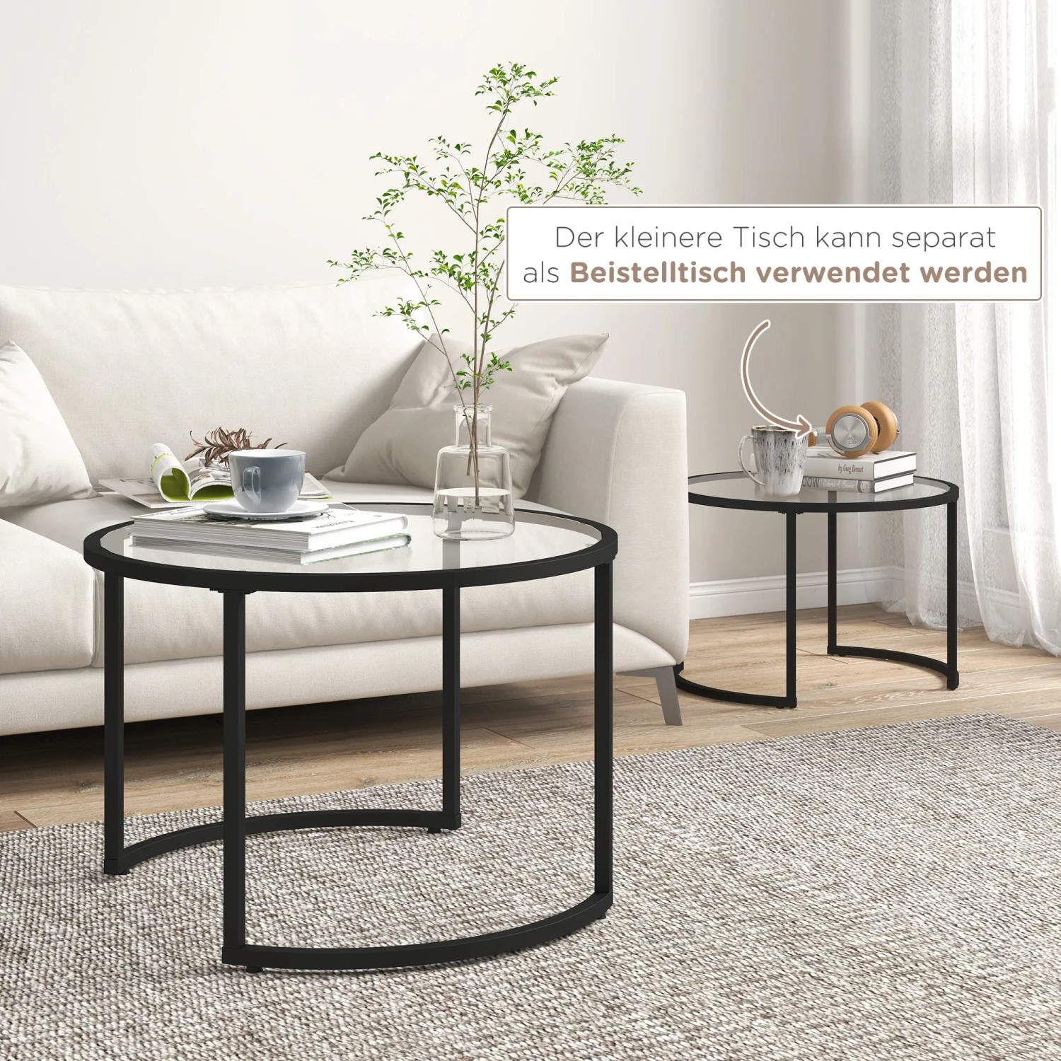 HOMCOM Couchtisch 2er-Set, schwarz, Glas, stapelbar. Wohnzimmertische im modernen Design.