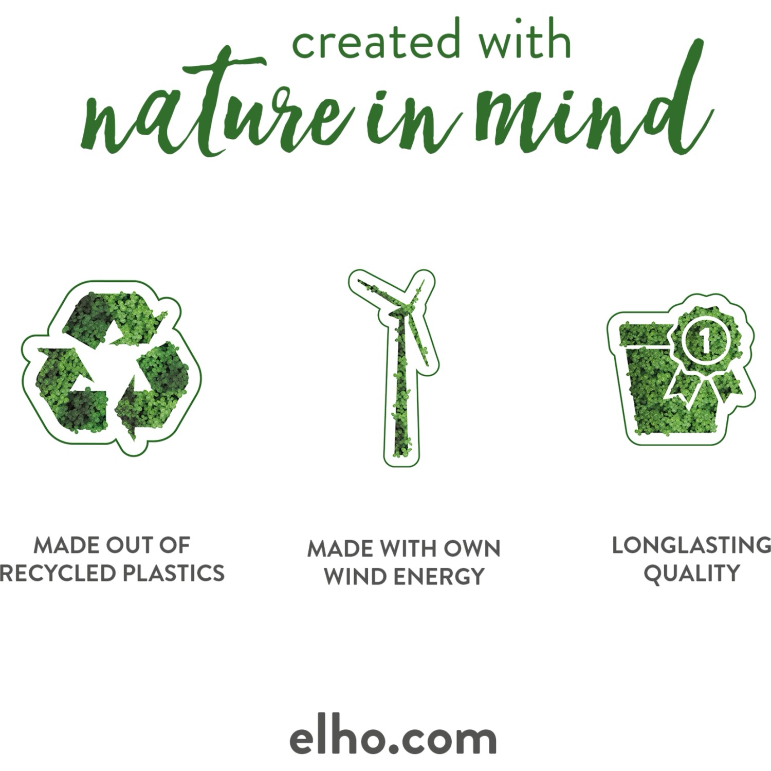 Elho Greenville Blumenkasten: Nachhaltige Herstellung aus Recycling-Kunststoff und Windenergie.