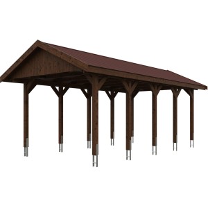 Satteldach-Carport Wallgau in Nussbaum mit roten Dachschindeln, stabile Holzkonstruktion.