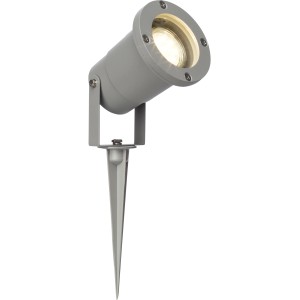 Graue LED-Außenleuchte Janko mit Erdspieß für den Garten.