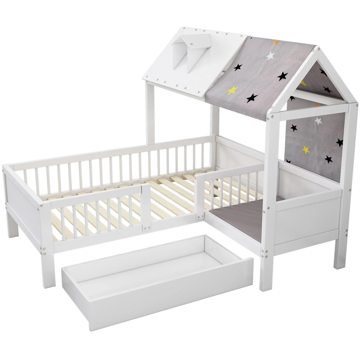 KOMHTOM Kinderbett Aus Holz Einzelbett 90x200Cm Multifunktional Mit Zeltstoff & Kissen Schubladen Unten Weiß Ohne Matratze
