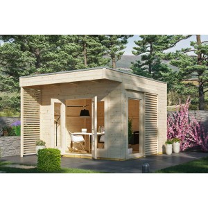 Skan Holz Gartenhaus Tokio 2 Natur, 340x340 cm, mit offenem Eingang und Flachdach.