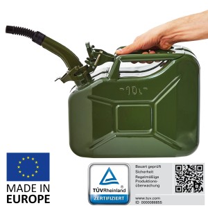 Olivgrüner 10L Metall Kraftstoffkanister mit Ausgießer, TÜV-geprüft und UN-Zulassung.