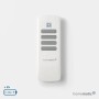 Weiße Homematic IP Fernbedienung mit 8 grauen Tasten für Hausautomation. Benötigt 2x AAA Batterien.