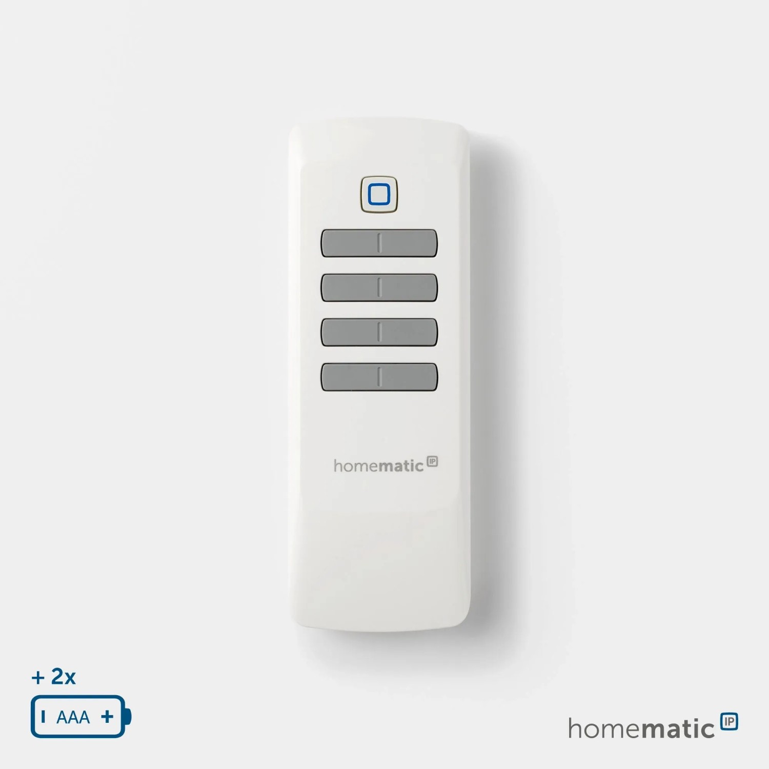 Weiße Homematic IP Fernbedienung mit 8 grauen Tasten für Hausautomation. Benötigt 2x AAA Batterien.