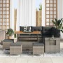 Graues 9-tlg. vidaXL Garten-Sofa-Set aus Poly Rattan mit Tisch und Hockern.