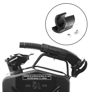 Schwarzer 5L Metall Kraftstoffkanister mit Ausgießer und Zubehör für Pannenhilfe.