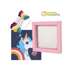MyMandarine Stickset Kreuzstich Einhorn: Stoff mit buntem Einhorn, Stickgarn, Nadel und rosa Rahmen. Kreativwerkzeug für Kinder.