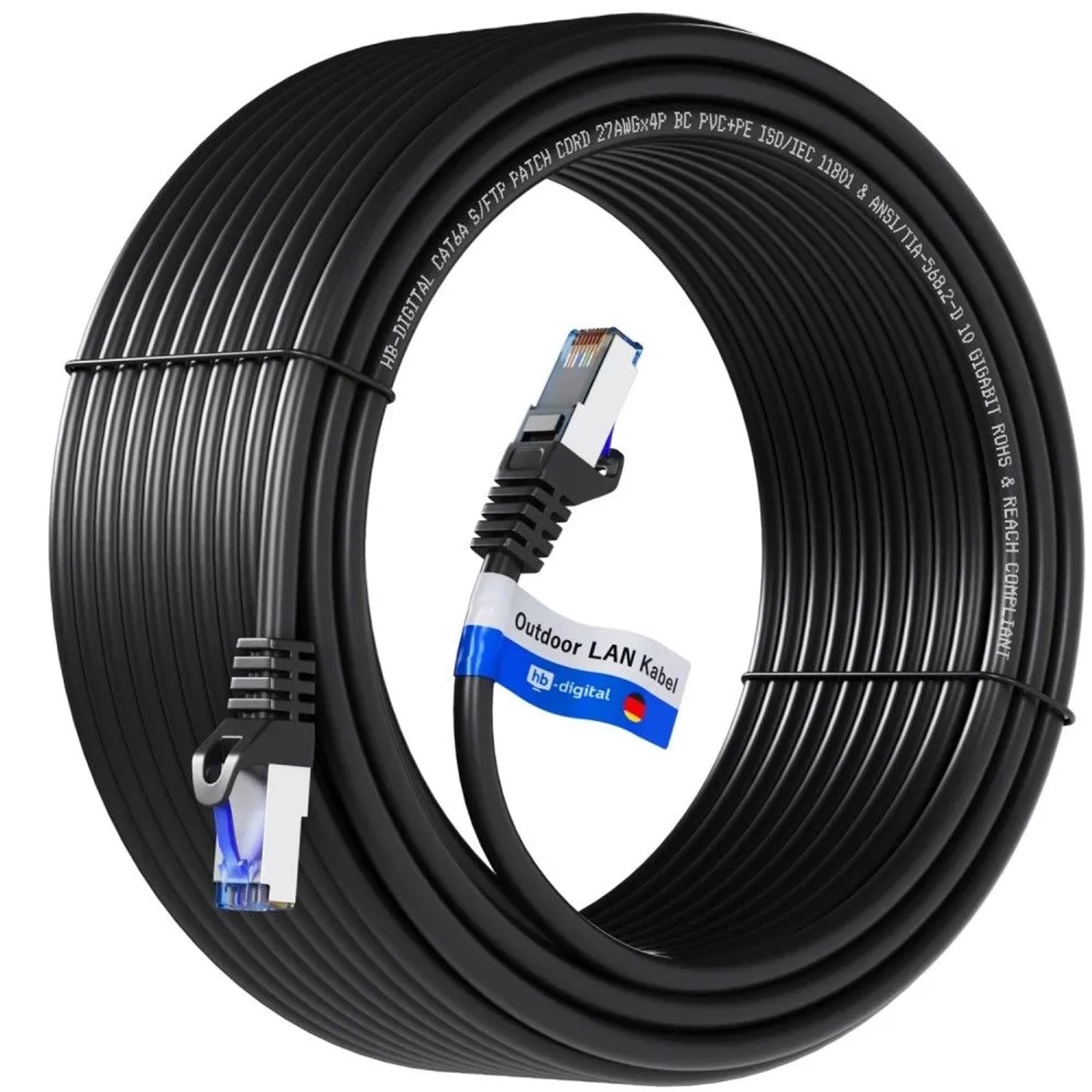 hb-digital 25m Patchkabel CAT 6a Outdoor RJ45 S/FTP PVC+PE  Schwarz