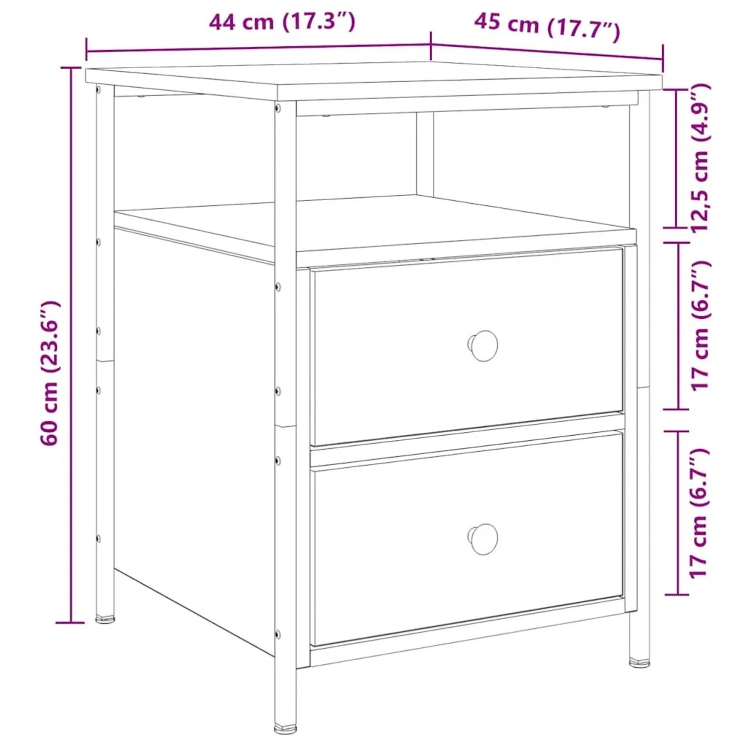 Nachttisch Artisan-Eiche 44x45x60 cm mit offener Ablage, 2 Schubladen und schlanken Metallbeinen.
