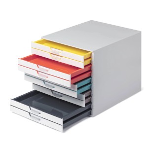 Durable Schubladenbox A4 Varicolor Mix mit 10 Fächern in Gelb, Rot, Blau und Grau zur Aufbewahrung.