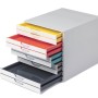 Durable Schubladenbox A4 Varicolor Mix mit 10 Fächern in Gelb, Rot, Blau und Grau zur Aufbewahrung.