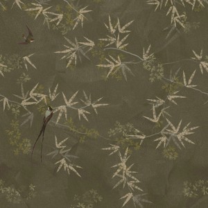 Fototapete Birds von Art for the Home: Vögel und Pflanzen auf olivgrünem Hintergrund.