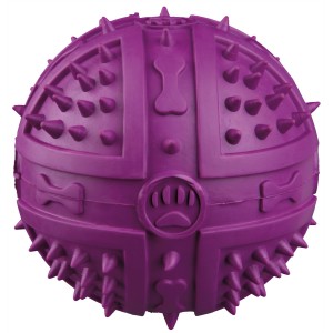 Lila Jollypaw Ball aus Naturgummi, ø 9 cm, mit Noppen und Knochen-Motiv. Apportierspielzeug für Hunde.