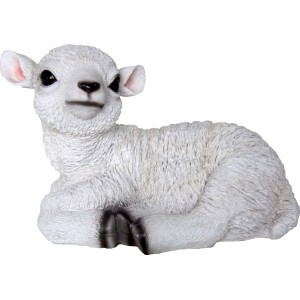 Liegendes Deko-Baby-Lamm, 15 cm, aus Polystone für die Gartendekoration.