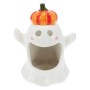 Weißer Keramik-Geist mit orangefarbenem Kürbis auf dem Kopf, offenem Mund für Teelicht. Halloween Kerzenhalter.