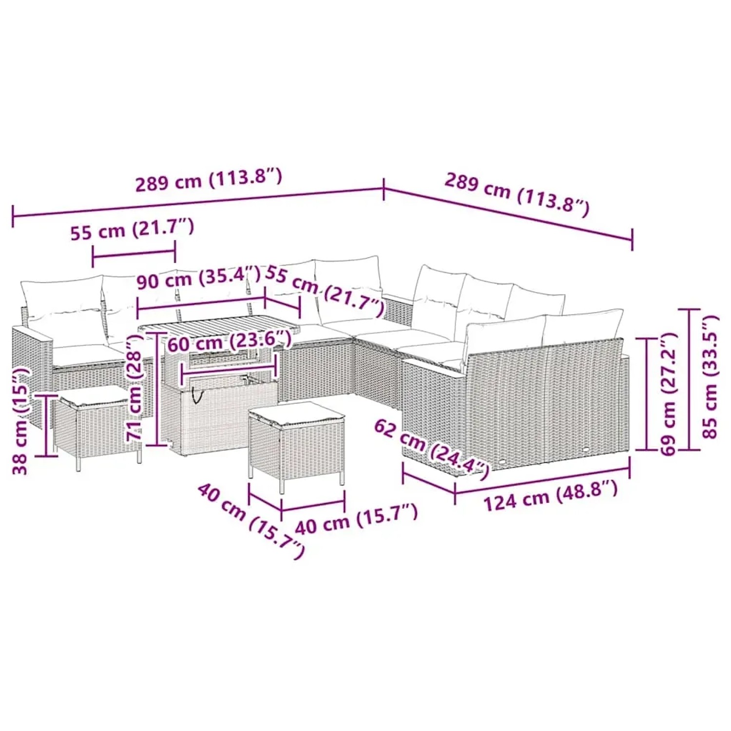 vidaXL Gartensofa-Set, 13-teilig, beige Poly Rattan, mit Kissen und Maßen.
