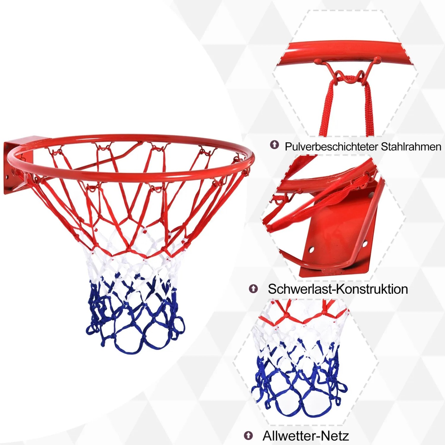 Roter HOMCOM Basketballkorb mit blau-weißem Netz, pulverbeschichtetem Metallrahmen und Wandhalterung für Indoor & Outdoor.