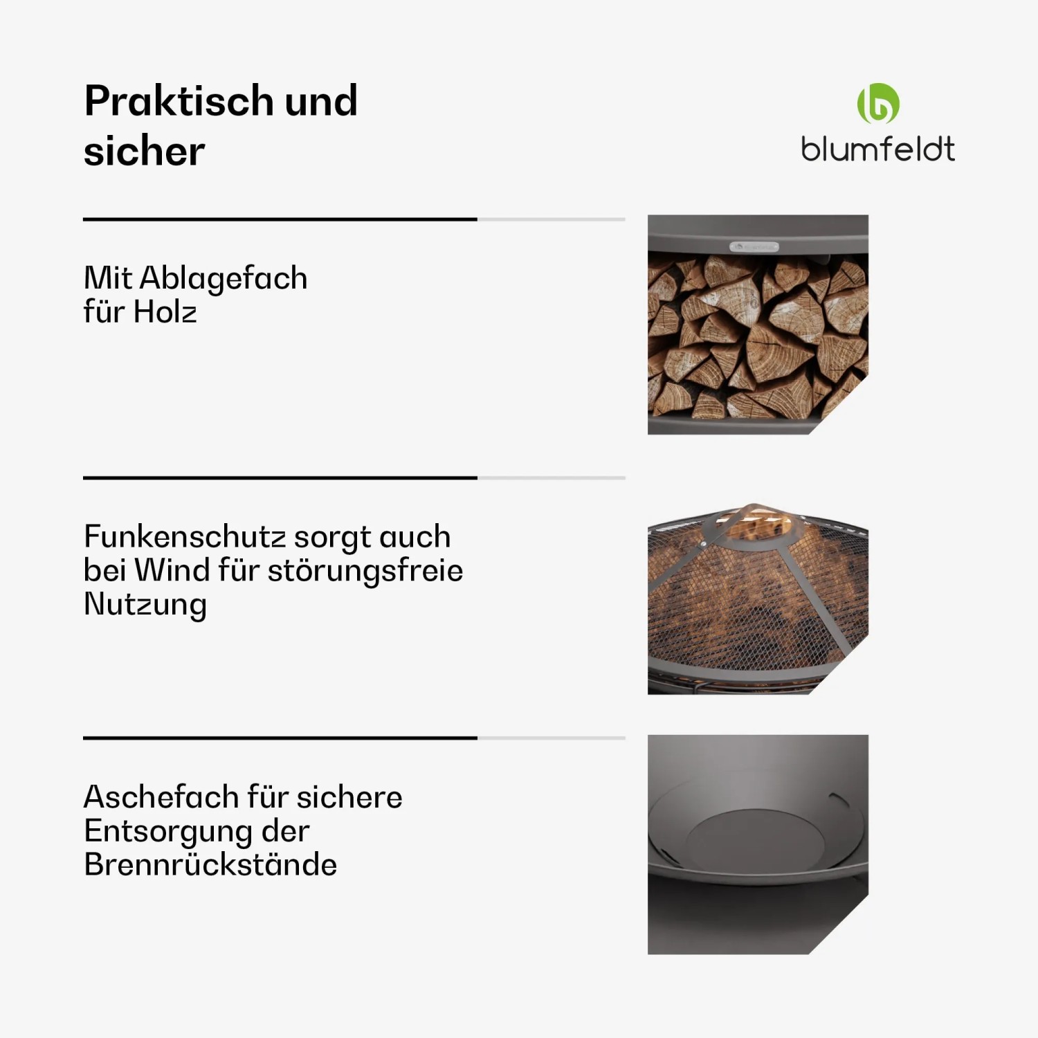 Details der Blumfeldt Ebeko 3-in-1 Feuerschale: Holzfach, Funkenschutz und Aschefach für sichere Nutzung.