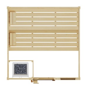 Draufsicht der Weka Massivholzsauna Valida mit Ofen, Bänken und Glastür. Kompakte Sauna aus Fichtenholz.