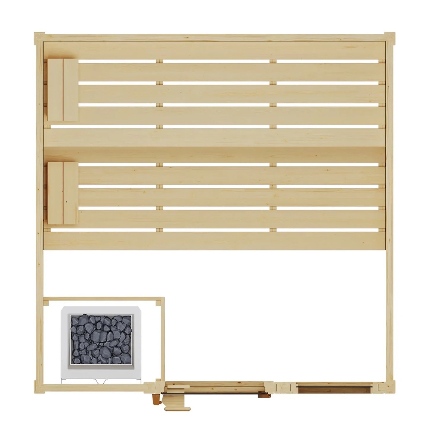 Draufsicht der Weka Massivholzsauna Valida mit Ofen, Bänken und Glastür. Kompakte Sauna aus Fichtenholz.