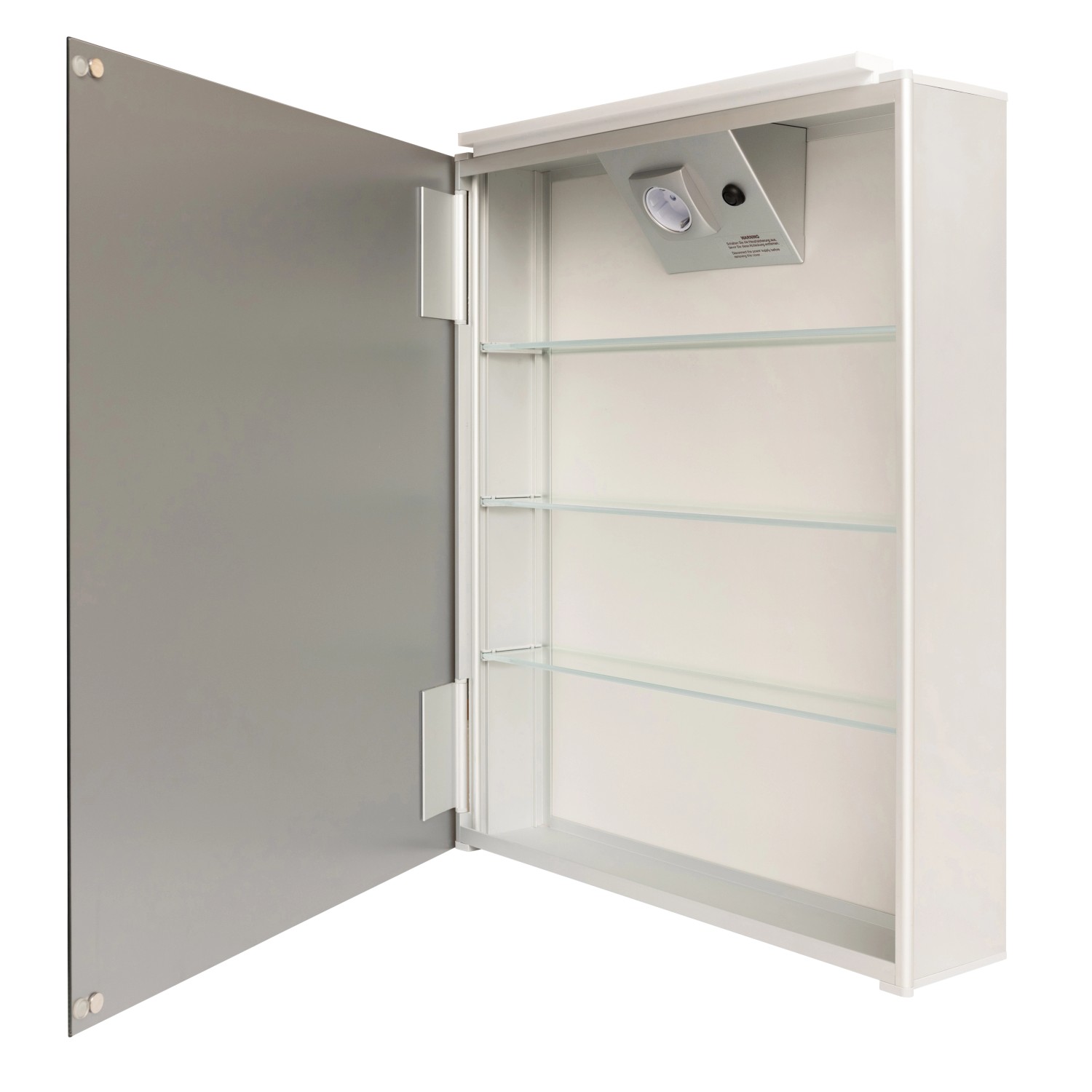 Offener DSK Spiegelschrank Aluminio Vegas, alufarben, 50 cm breit, mit Beleuchtung und Glasböden.