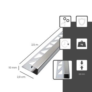 Gebürstete Edelstahl Fliesenschiene, 2,5 m x 10 mm, quadratisches Eckprofil für Fliesenkanten.