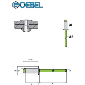 Technische Zeichnung einer GOEBEL Blindniete 6,0 x 10,0 mm aus Aluminium und Edelstahl A2.