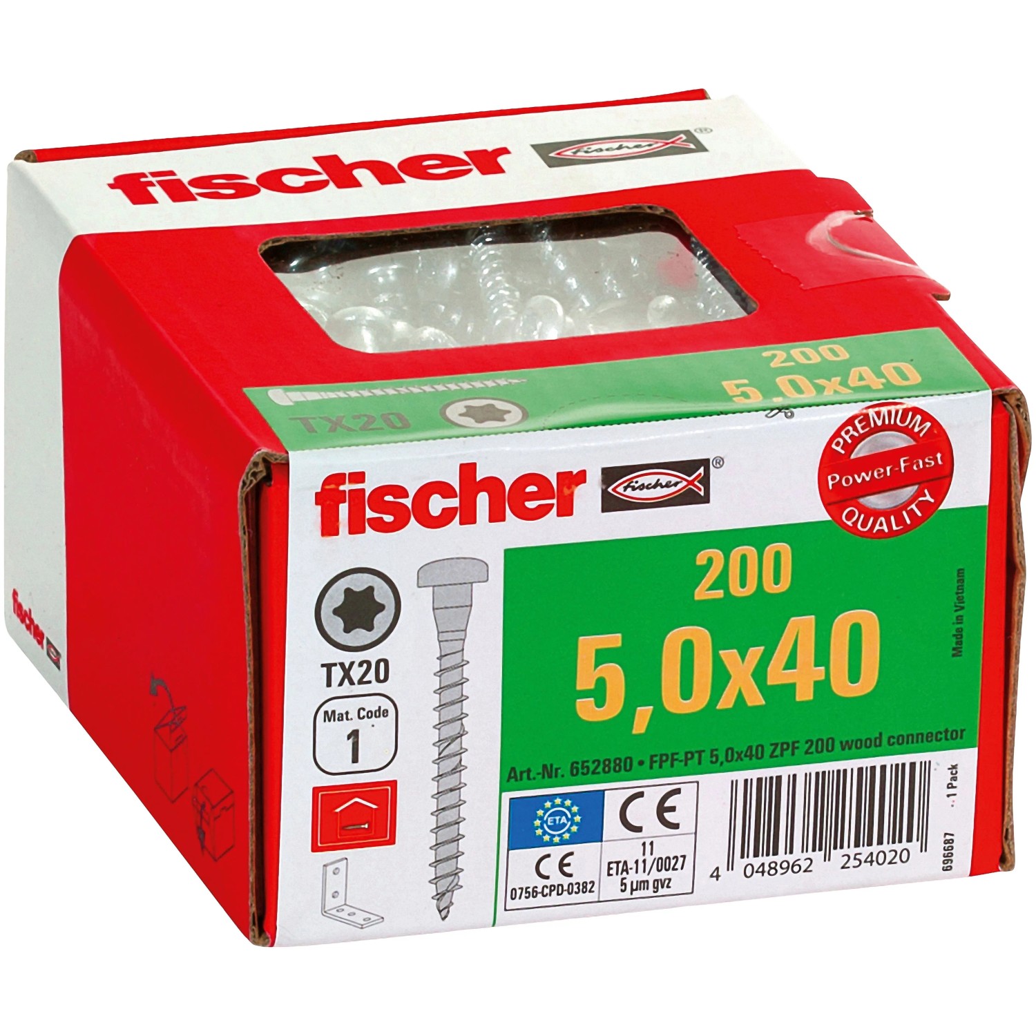 Fischer PowerFast Holzschrauben 5x40 mm, 200 Stück im Karton.