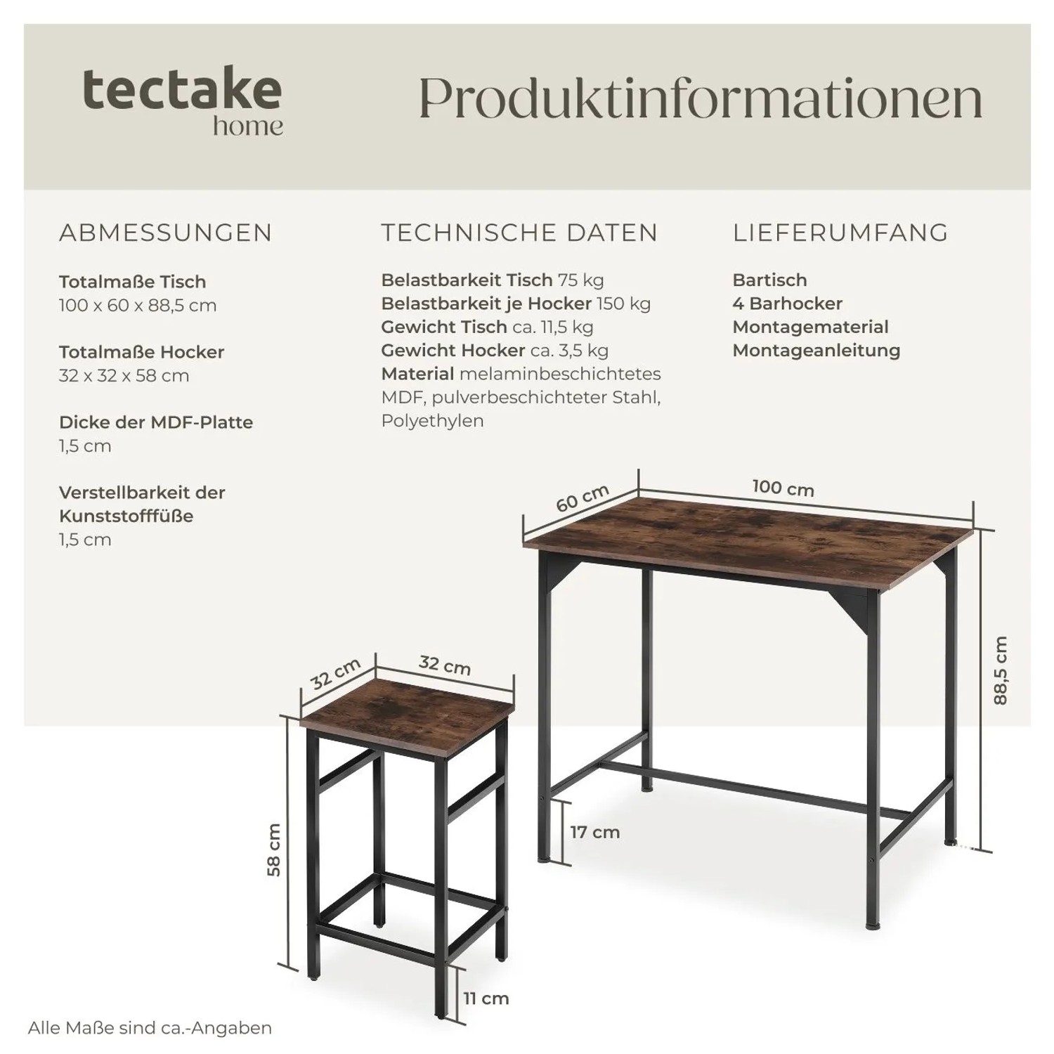 Tectake Bartisch-Set Edinburgh, 5-teilig, mit Tisch und 4 Hockern in dunklem Industrial-Holz.