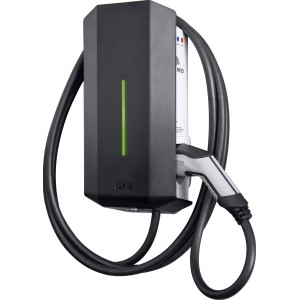 PCE Wallbox GLB-DC Typ 2FC: Schwarze Ladestation mit Kabel und Stecker für Elektroautos.