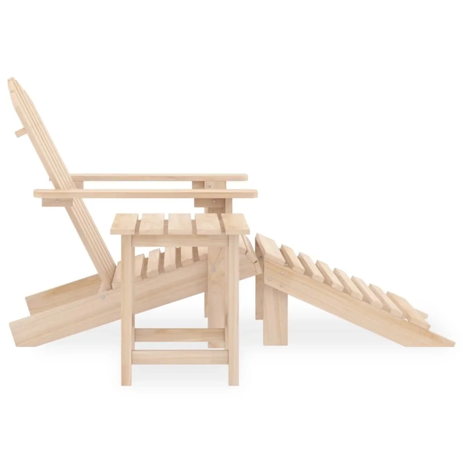 Adirondack Gartenstuhl mit Fußstütze, Tisch aus Tannenholz, unbehandelt.