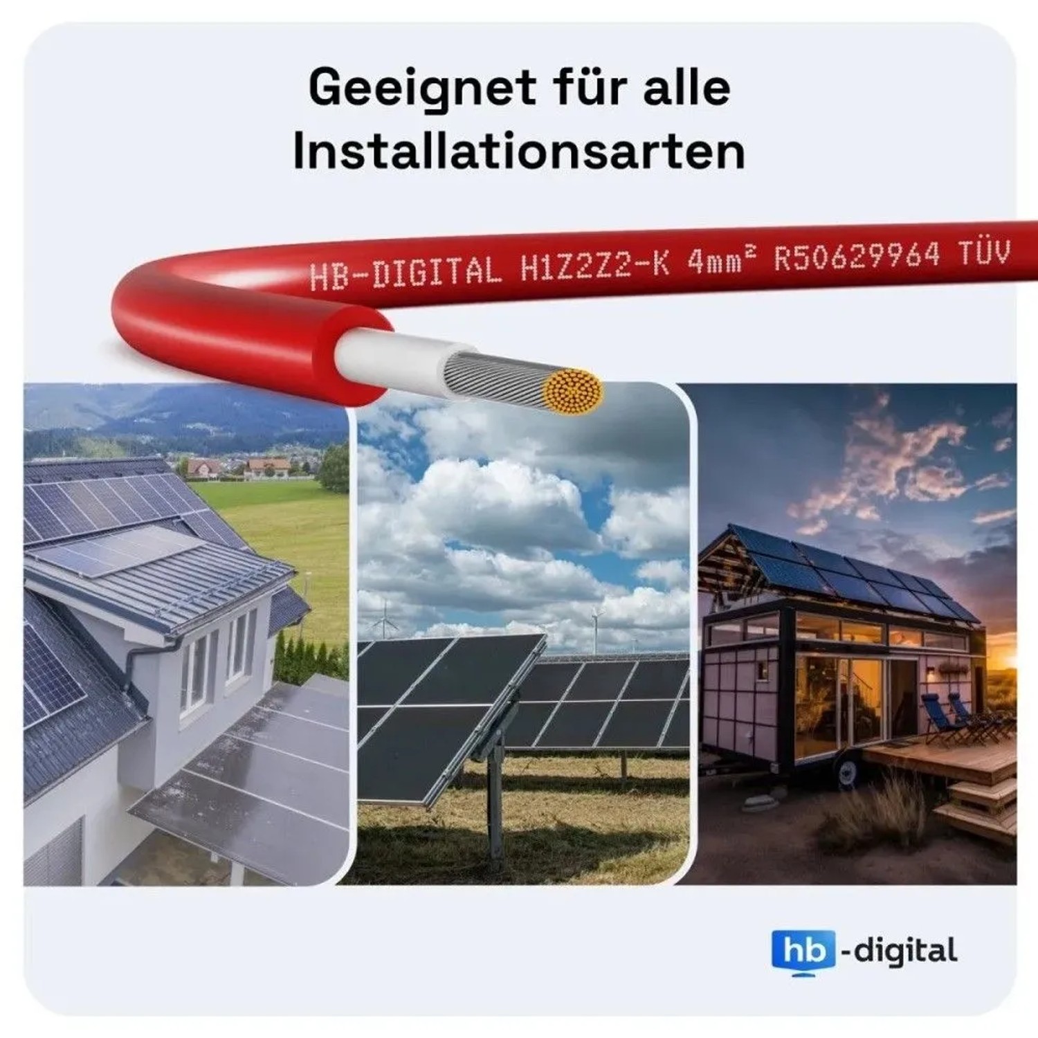 Rotes hb-digital Solarkabel 4mm² H1Z2Z2-K, TÜV-zertifiziert, für PV-Anlagen auf Dach, Boden und Tiny House.