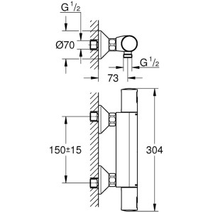 Technische Zeichnung: Grohe QuickFix Precision Start Thermostat-Duschbatterie, Maße und Anschlüsse.