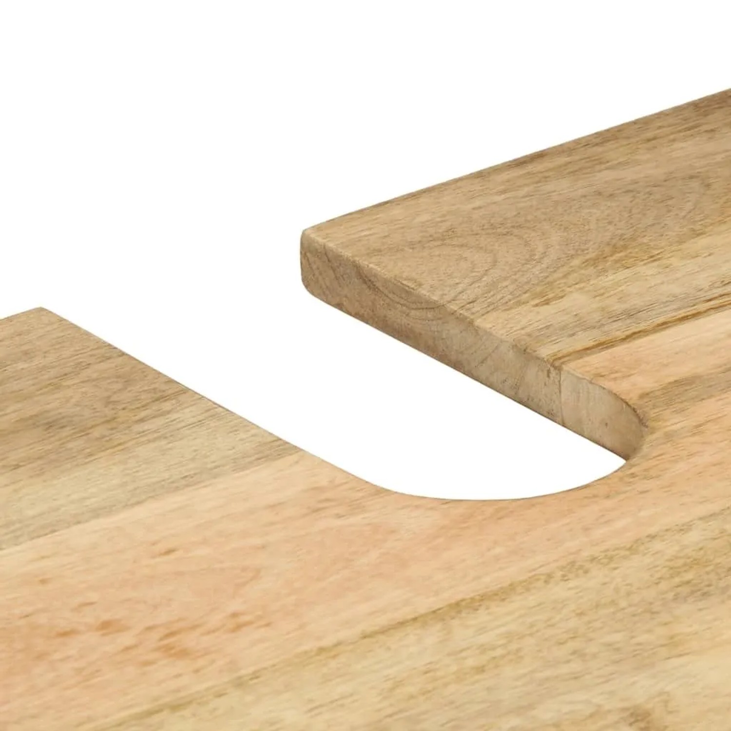 Oberplatte des Waschbeckenunterschranks aus hellem Mangoholz mit U-förmiger Aussparung.