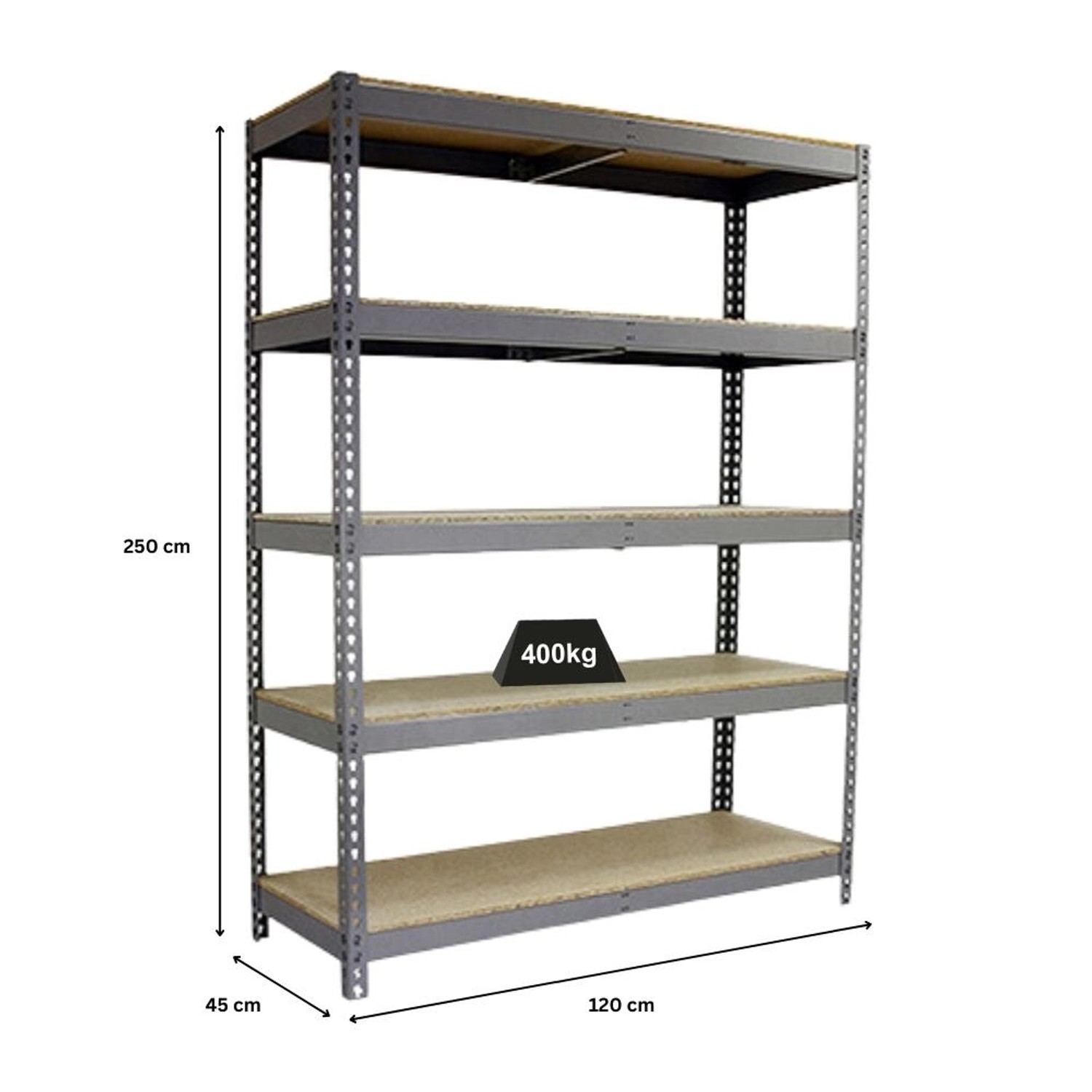 Graues PROREGAL Schwerlastregal Giant Wood Yeti mit 5 Böden, 250x120x45 cm, Fachlast 400 kg.