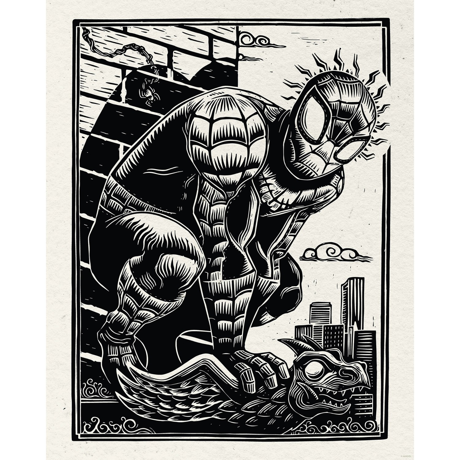 Komar Wandbild Marvel Spider-Man Lino-Cut 40 cm x 50 cm Schwarz-Weiß günstig online kaufen