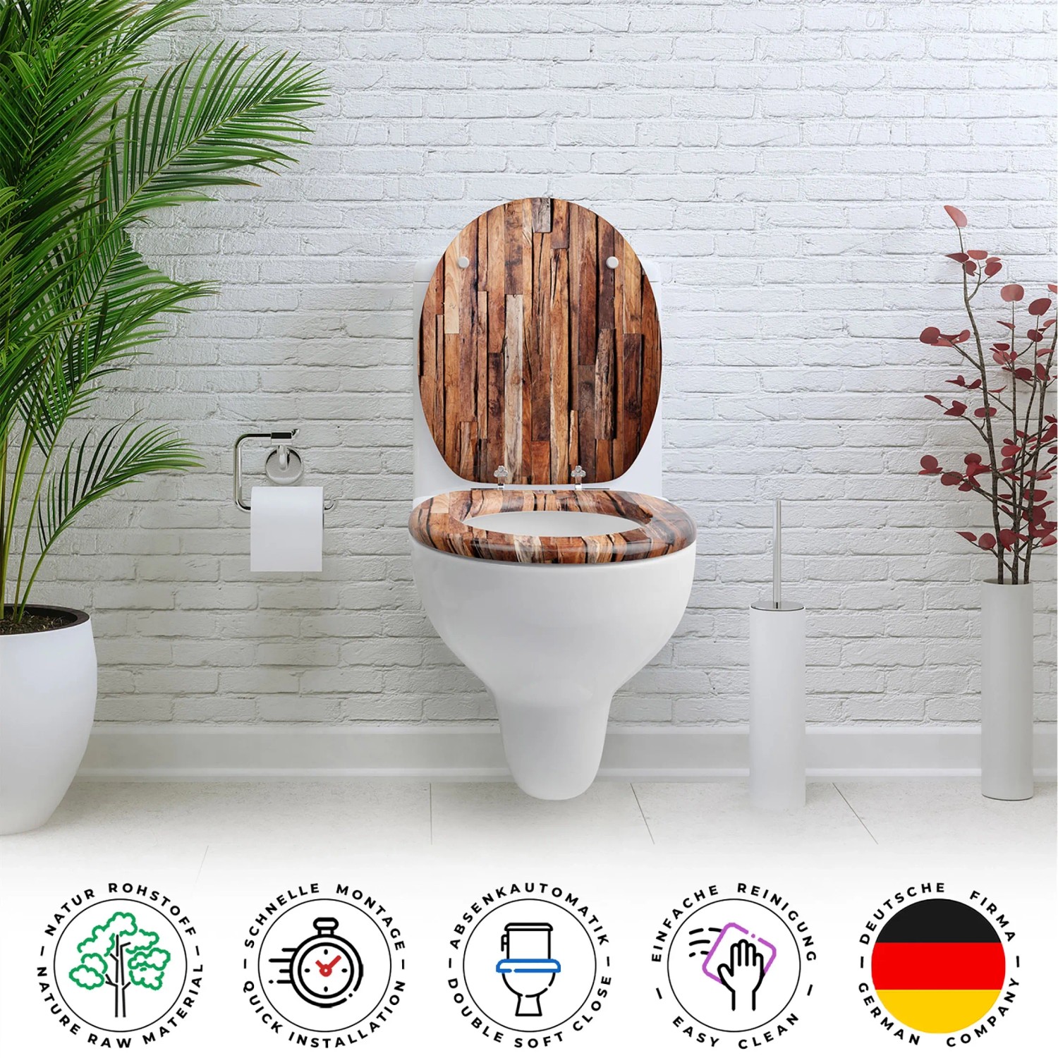 Sanfino WC-Sitz Industrial Wood mit Absenkautomatik auf Toilette im Bad.